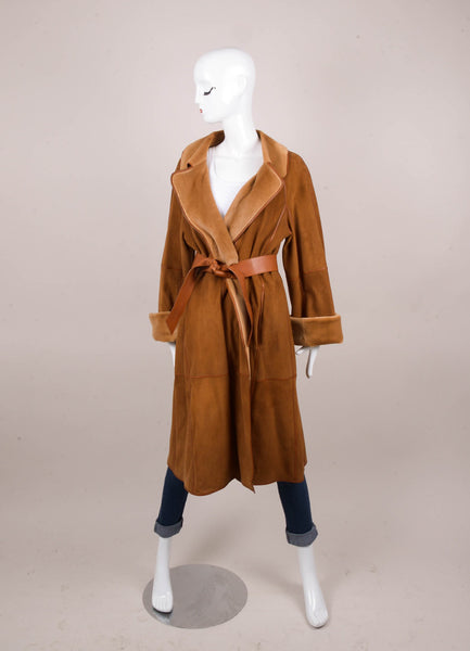 Tan Long Sleeve Leather and Mink Belted Coat