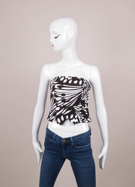 Black and White Patterned Cropped Grosgrain Strapless Bustier Top