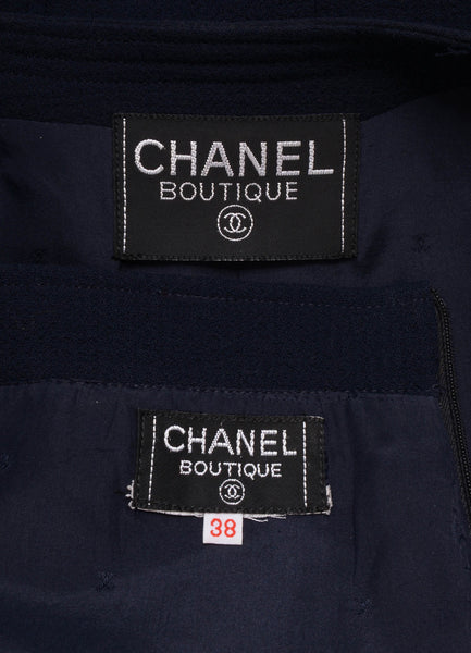 Navy Woven Skirt Suit With Gold Buttons