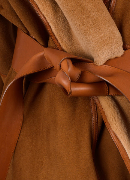 Tan Long Sleeve Leather and Mink Belted Coat