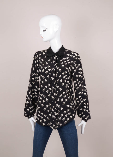 Black and White Leaf Print Long Sleeve Button Up Silk Blouse