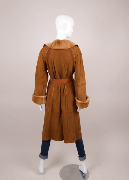 Tan Long Sleeve Leather and Mink Belted Coat