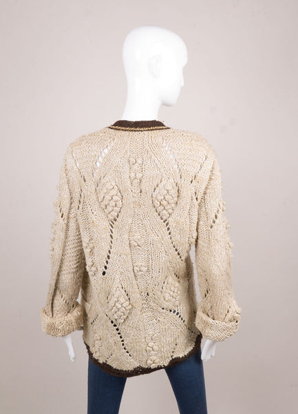 Tan and Brown Textured Knit Cardigan Sweater With Chain Trim Detail