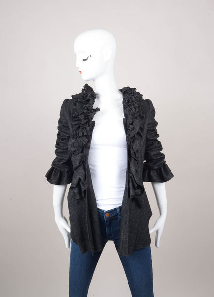 Charcoal Wool Ruffle Long Sleeve Jacket With Chain