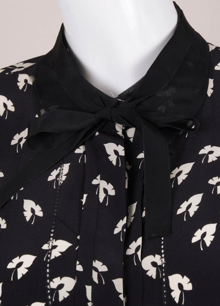 Black and White Leaf Print Long Sleeve Button Up Silk Blouse