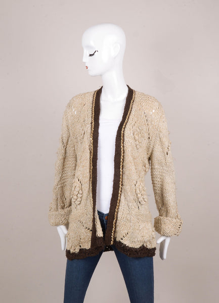 Tan and Brown Textured Knit Cardigan Sweater With Chain Trim Detail