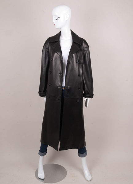 Black Leather Double Breasted Trench Coat