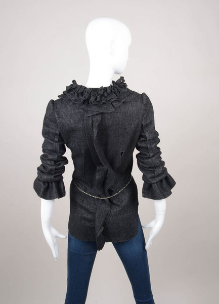 Charcoal Wool Ruffle Long Sleeve Jacket With Chain