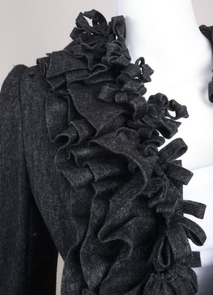 Charcoal Wool Ruffle Long Sleeve Jacket With Chain