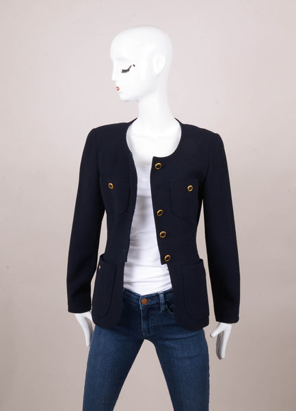Navy Woven Skirt Suit With Gold Buttons