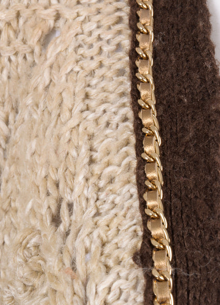 Tan and Brown Textured Knit Cardigan Sweater With Chain Trim Detail