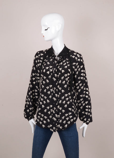 Black and White Leaf Print Long Sleeve Button Up Silk Blouse