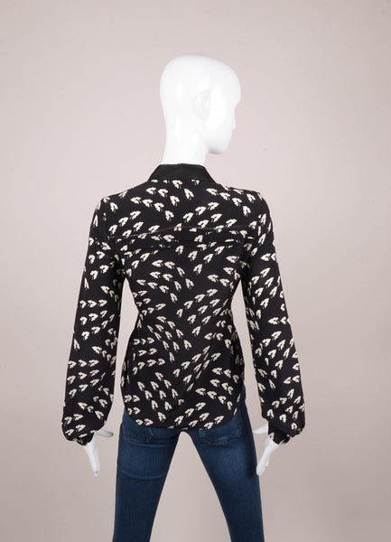 Black and White Leaf Print Long Sleeve Button Up Silk Blouse