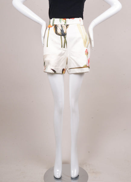 White and Multicolor Floral Print Cuffed Cotton Shorts