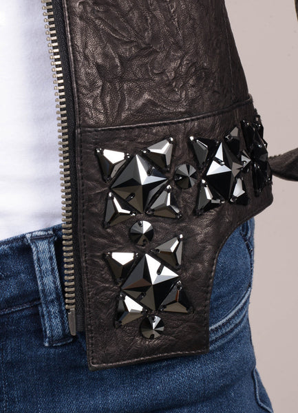 Black Jewel Studded Leather Jacket