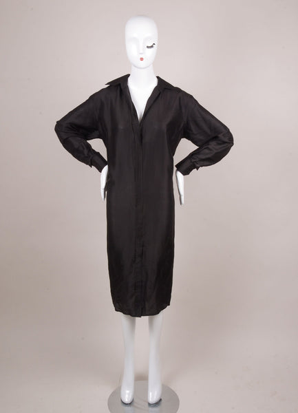 Black Silk Long Sleeve Minimal Tapered Shirt Dress