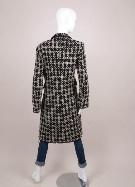 Black and White Patterned Wool Blend Ruffle Trim Buttoned Coat