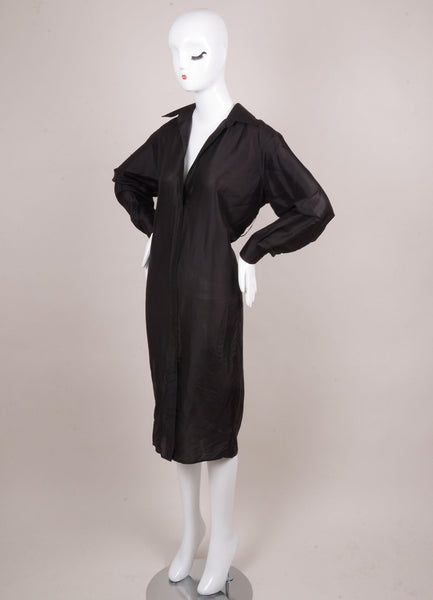 Black Silk Long Sleeve Minimal Tapered Shirt Dress