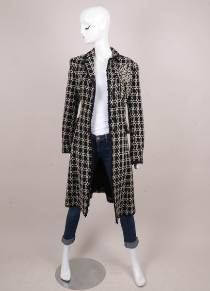 Black and White Patterned Wool Blend Ruffle Trim Buttoned Coat