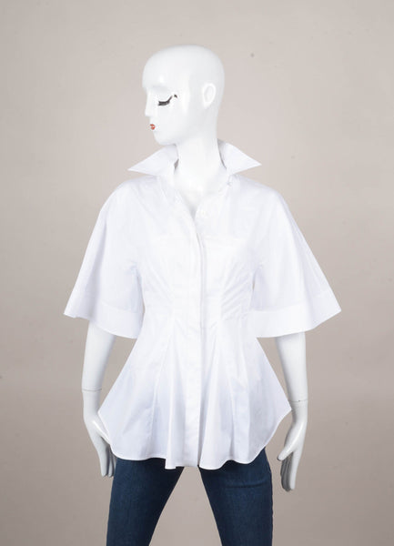 New With Tags White Flared Short Sleeve Button Up Cotton Blouse