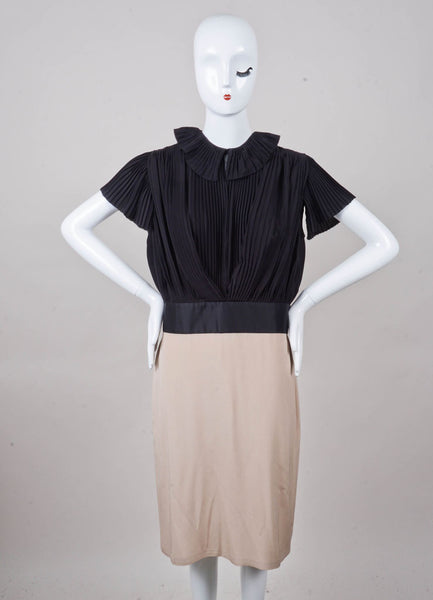 Black and Tan Silk and Wool Pleated Dress