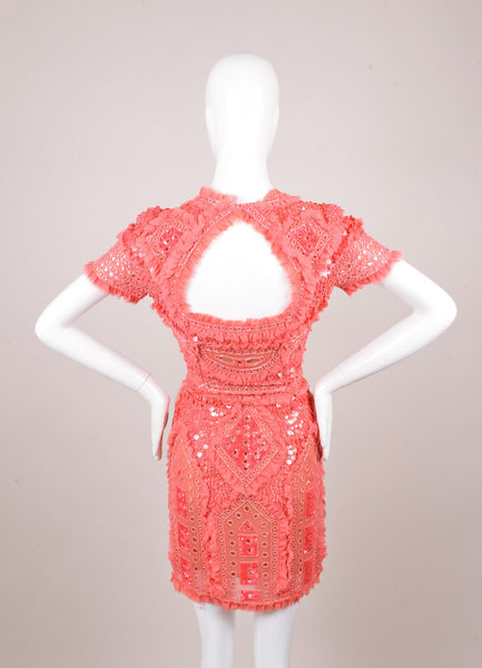 Coral Pink Bead and Sequin Embellished Ruffle Trim Silk Dress