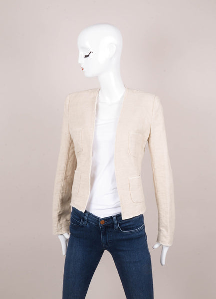 Beige Cotton and Linen Woven Open Front Jacket