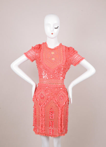 Coral Pink Bead and Sequin Embellished Ruffle Trim Silk Dress