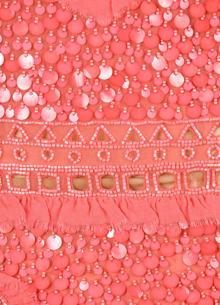 Coral Pink Bead and Sequin Embellished Ruffle Trim Silk Dress