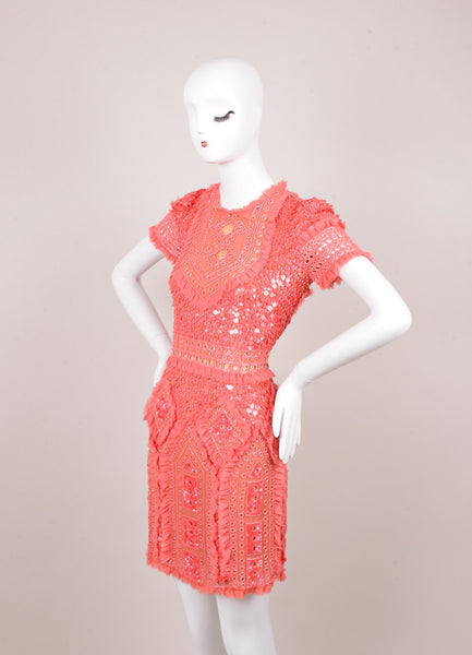 Coral Pink Bead and Sequin Embellished Ruffle Trim Silk Dress