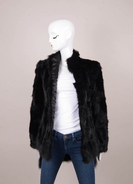 New With Tags Black Rabbit and Fox Fur Leather Pocket Trim Coat