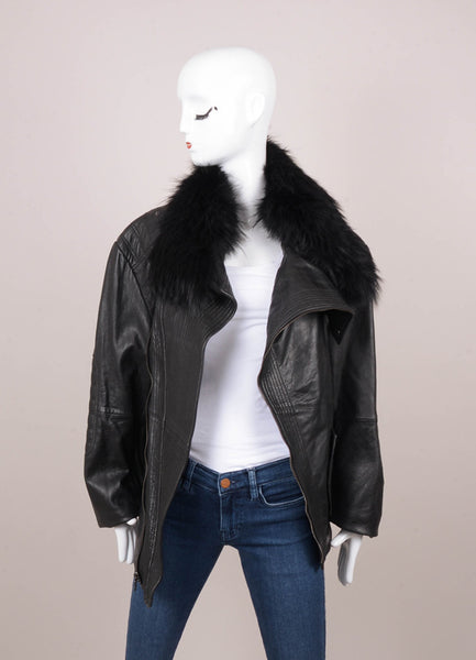 New With Tags Black "Marcelle" Fur Trim Leather Jacket