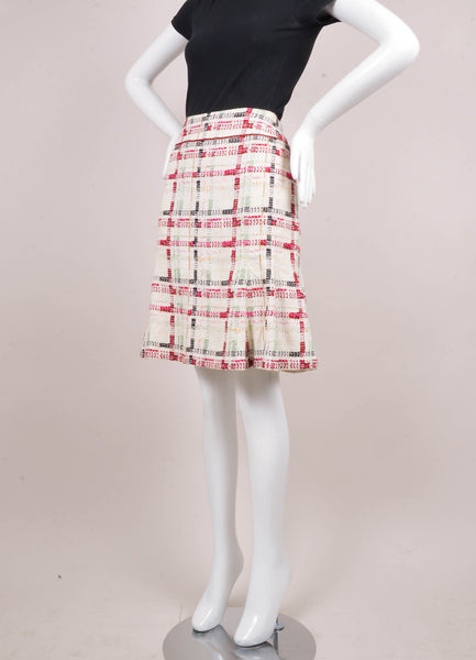 Cream and Multicolor Plaid Tweed Knee Length Trumpet Skirt