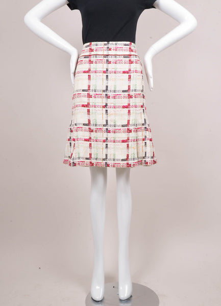 Cream and Multicolor Plaid Tweed Knee Length Trumpet Skirt