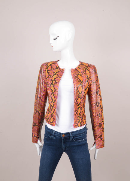 New With Tags Orange and Pink Python Snakeskin Leather Collarless Zip Front Jacket
