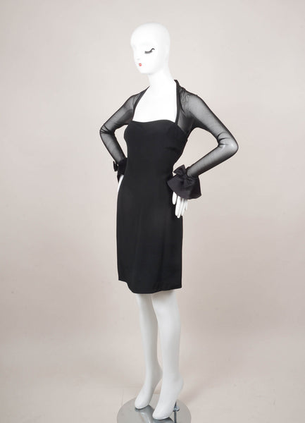 Black Long Sleeve Bow Detail Dress With Mesh Panels