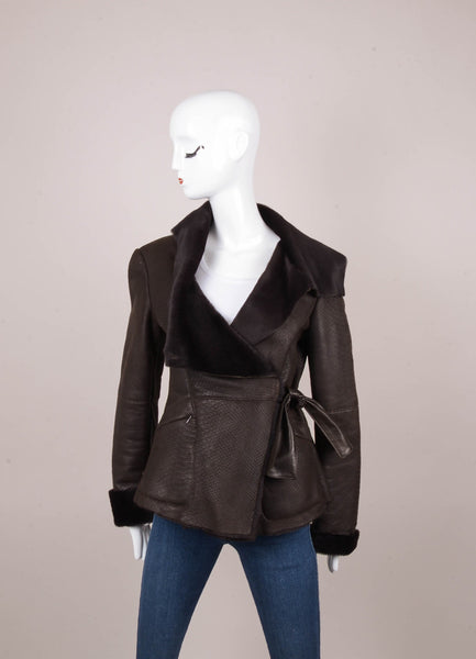 Brown Shearling Leather Reptile Patterned Jacket