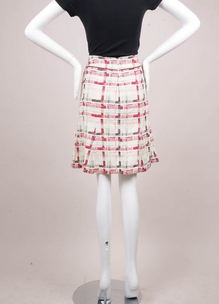 Cream and Multicolor Plaid Tweed Knee Length Trumpet Skirt