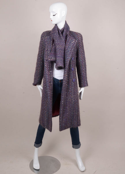 Purple and Multicolor Flecked Tweed Long Buttoned Coat