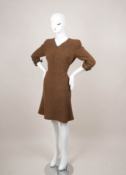 Brown and Black Wool Checker Knit Zip Dress