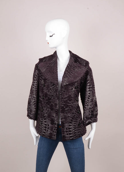 Purple and Grey Textured Knit Cropped Sleeve Jacket