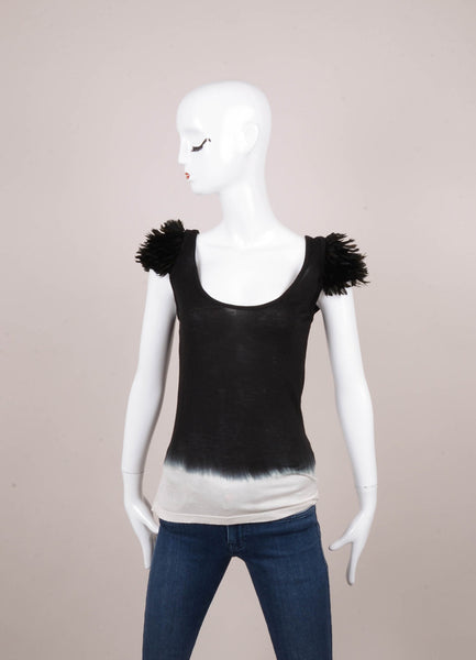 Black and Cream Ombre Feather Trim Cap Sleeve Cotton Top