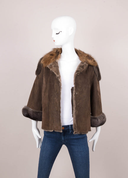 New With Tags Brown Various Fur Trim Suede Shearling Jacket