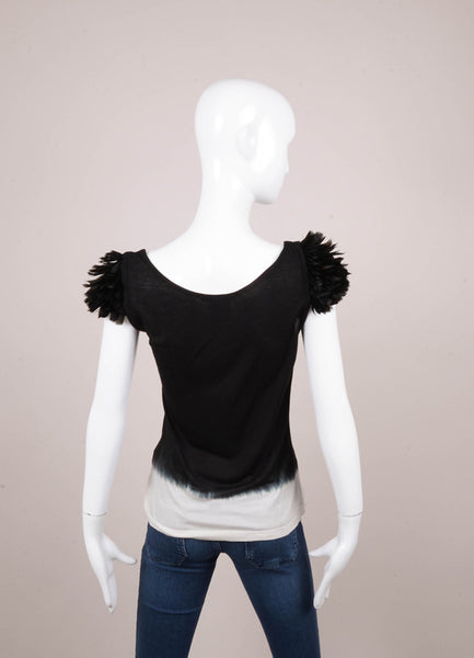 Black and Cream Ombre Feather Trim Cap Sleeve Cotton Top