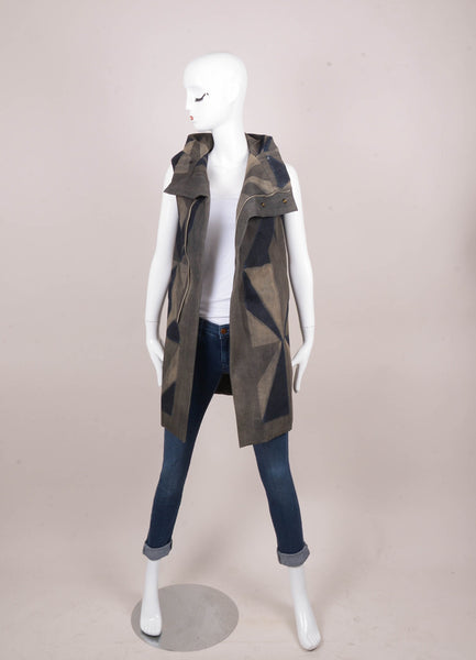 Grey, Navy, and Beige Geometric Print Long Zip Front Denim Vest