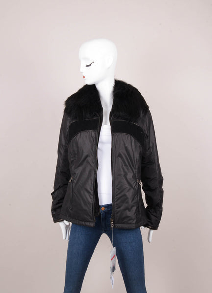 New With Tags Black Corduroy Trim and Fur Collar Zip Front Jacket