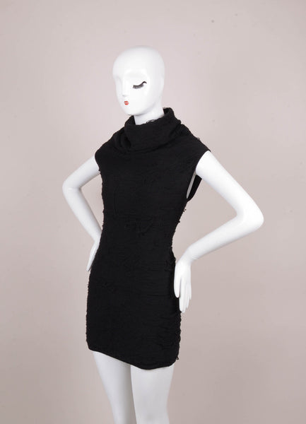 Black Textured Wool Sleeveless Turtleneck Tunic Sweater