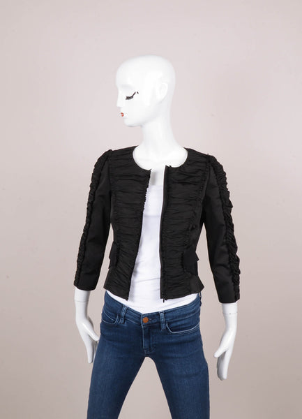 Black Ruched Trim Cropped Zip Front Jacket