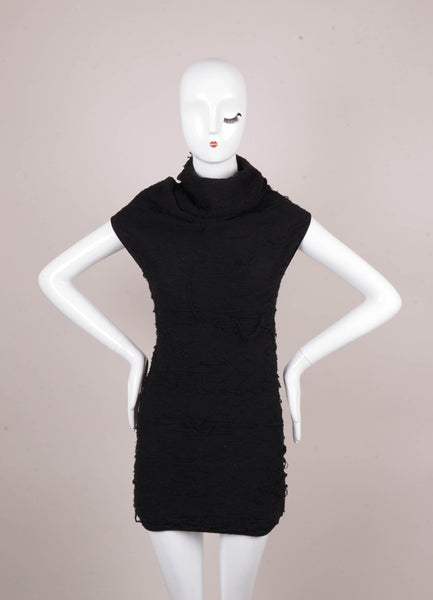 Black Textured Wool Sleeveless Turtleneck Tunic Sweater