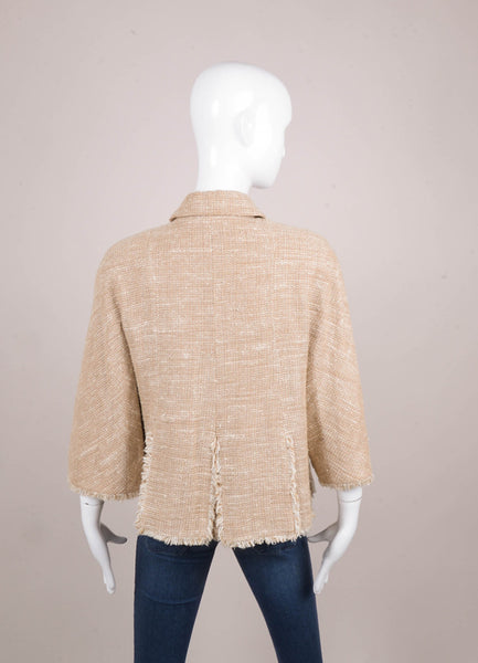 Beige and Cream Woven Linen Blend Fringe Trim Three Quarter Length Sleeve Jacket